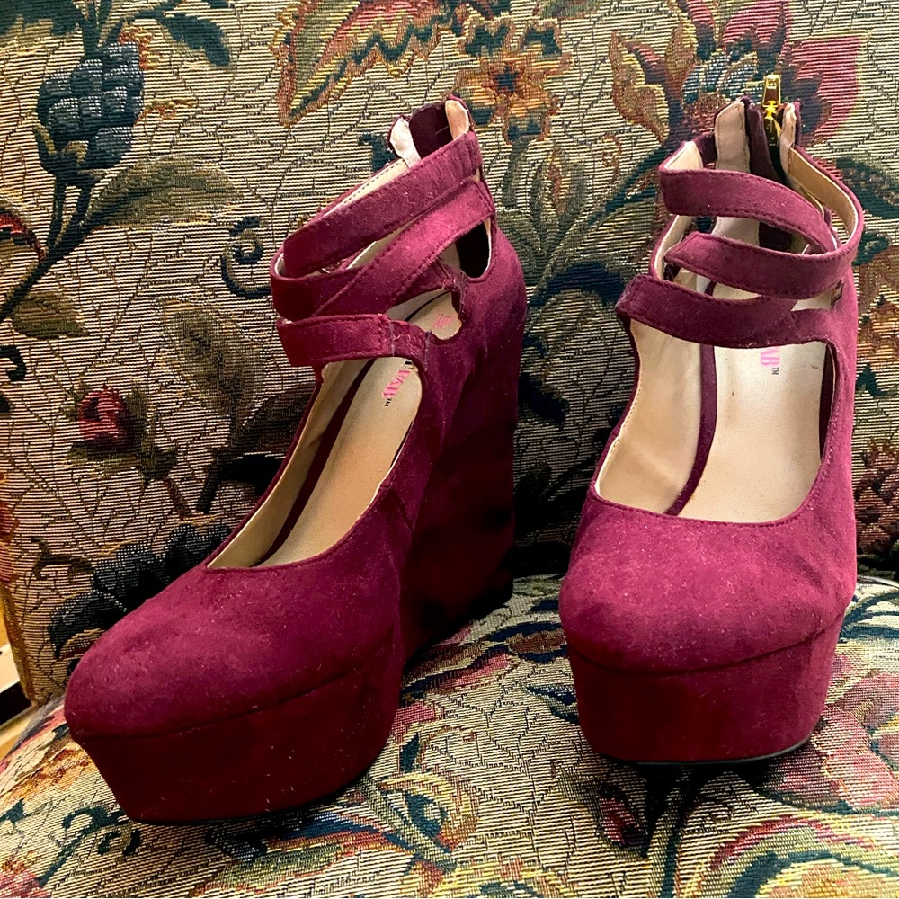 Just Fab wine colored wedge sandals. Used once or twice.